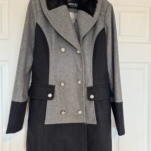 Guess Women’s Two-Tone Gray and Black Peacoat with Faux Fur Collar